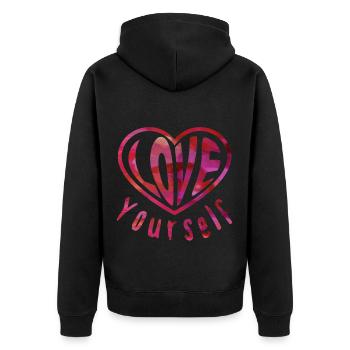 Love Yourself - Herz - Unisex Premium Bio Zip Hoodie - Schwarz - Hinten - Nico (187cm)