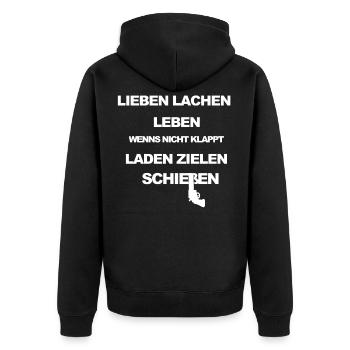 Lieben Lachen Leben oder Laden Zielen Schießen - Unisex Premium Bio Zip Hoodie - Schwarz - Hinten - Nico (187cm)