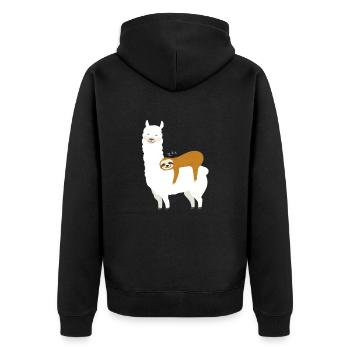 Alpaka mit Faultier - Unisex Premium Bio Zip Hoodie - Schwarz - Hinten - Nico (187cm)