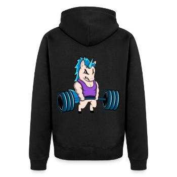 Fitness Einhorn Geschenk Geschenkidee - Unisex Premium Bio Zip Hoodie - Schwarz - Hinten - Nico (187cm)