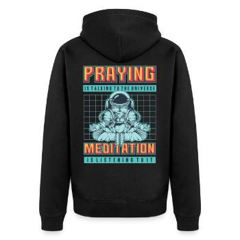 Cosmos - Praying - Meditation - Unisex Premium Bio Zip Hoodie - Schwarz - Hinten - Nico (187cm)