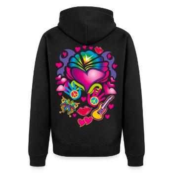 16 Amour coeur papillon guitare paix - Veste à capuche bio Premium Unisexe - noir - Dos - Nico (187cm)