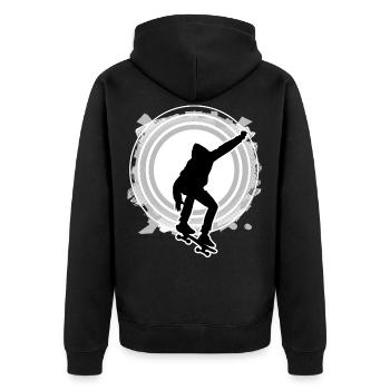 Skateboarder springt Kreis Raster grau weiß - Unisex Premium Bio Zip Hoodie - Schwarz - Hinten - Nico (187cm)