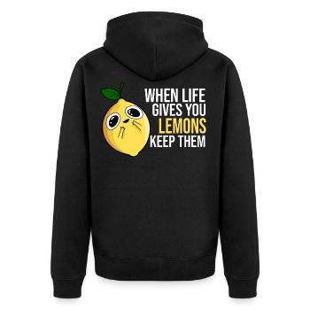 Zitrone Spruch - Unisex Premium Bio Zip Hoodie - Schwarz - Hinten - Nico (187cm)