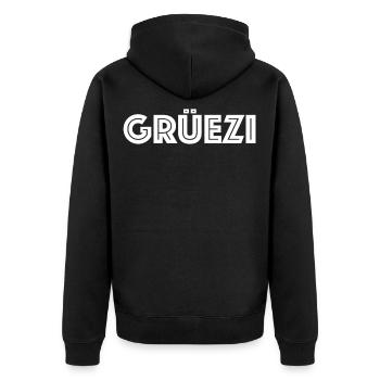Grüezi Schweiz Schweizerdeutsch Mundart Dialekt - Unisex Premium Bio Zip Hoodie - Schwarz - Hinten - Nico (187cm)