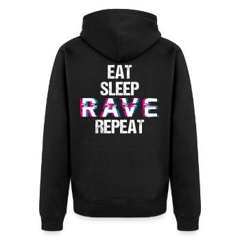 EDM Elektro Musik Lustig Techno Eat Sleep Rave - Unisex Premium Bio Zip Hoodie - Schwarz - Hinten - Nico (187cm)