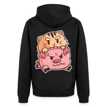 Katze Schwein Spaß Kampf Tiere Kinder Geschenk - Unisex Premium Bio Zip Hoodie - Schwarz - Hinten - Nico (187cm)