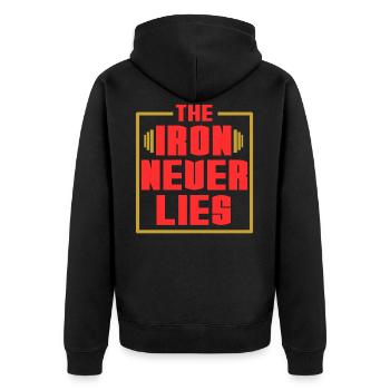 A Nice Simple Lies Tee For Liars Saying "The Iron - Unisex Premium Organic Zip Hoodie - black - Back - Nico (187cm)