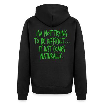 Ein schönes ZitatTStück für Sie "Ich versuche - Unisex Premium Bio Zip Hoodie - Schwarz - Hinten - Nico (187cm)