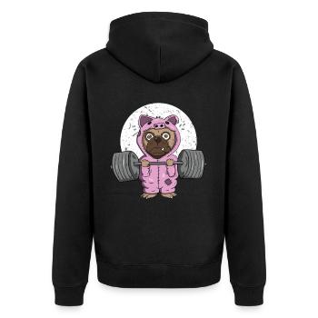 Mops im Fitnessstudio gegen den Schweinehund - Unisex Premium Bio Zip Hoodie - Schwarz - Hinten - Nico (187cm)