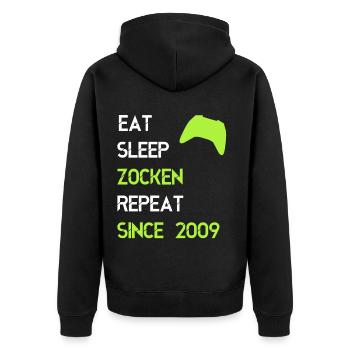 Eat Sleep Zocken Repeat seit 2009 - Unisex Premium Bio Zip Hoodie - Schwarz - Hinten - Nico (187cm)