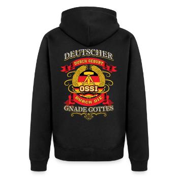 Ossi durch die Gnade Gottes - Ossi Design Ostdeuts - Unisex Premium Bio Zip Hoodie - Schwarz - Hinten - Nico (187cm)