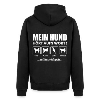 Mein Hund hört aufs Wort - Unisex Premium Bio Zip Hoodie - Schwarz - Hinten - Nico (187cm)