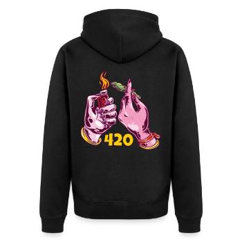 Weed Hand Joint für Haschisch florist 420 - Unisex Premium Bio Zip Hoodie - Schwarz - Hinten - Nico (187cm)