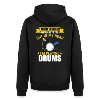 Drumming Shirt For Drummers "Mais dans ma tête, - Veste à capuche bio Premium Unisexe - noir - Dos - Nico (187cm)