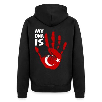 My Dna Is Turkish, My Turkish Roots, Turkiye - Unisex Premium Bio Zip Hoodie - Schwarz - Hinten - Nico (187cm)