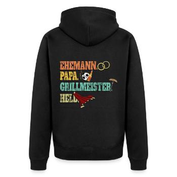 Ehemann - Papa - Grillmeister - Held - Unisex Premium Bio Zip Hoodie - Schwarz - Hinten - Nico (187cm)