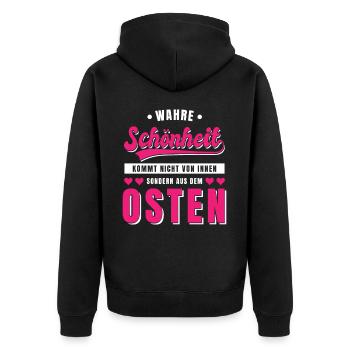 Osten Spruch Lustig DDR Mauerfall Berlin Geschenk - Unisex Premium Bio Zip Hoodie - Schwarz - Hinten - Nico (187cm)