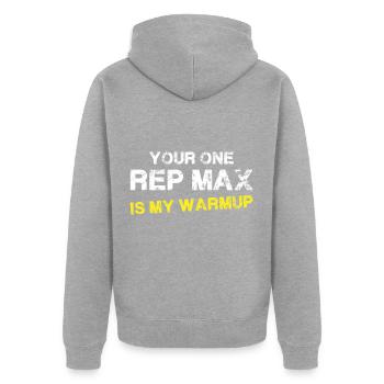 Ihr einziger Vertreter Max ist mein Aufwärmen - Bo - Unisex Premium Bio Zip Hoodie - Grau meliert - Hinten - Nico (187cm)