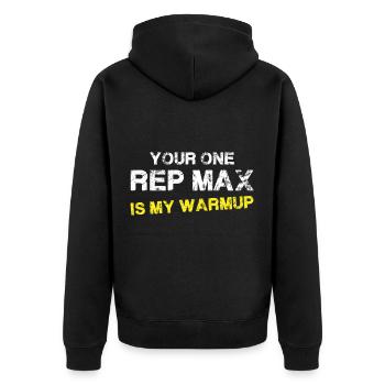 Ihr einziger Vertreter Max ist mein Aufwärmen - Bo - Unisex Premium Bio Zip Hoodie - Schwarz - Hinten - Nico (187cm)