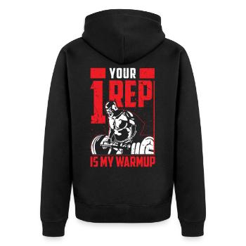 Ihr einziger Vertreter ist mein Aufwärmen - Bodybu - Unisex Premium Bio Zip Hoodie - Schwarz - Hinten - Nico (187cm)