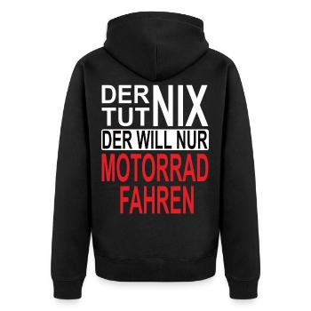 Der tut nix Der will nur Motorrad fahren Biker - Unisex Premium Bio Zip Hoodie - Schwarz - Hinten - Nico (187cm)