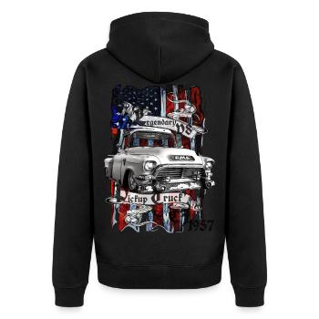 Legendary V8 Pickup Truck CJ 1957 - Unisex Premium Bio Zip Hoodie - Schwarz - Hinten - Nico (187cm)