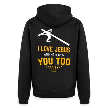 ich liebe jesus und er liebt dich auch - Unisex Premium Bio Zip Hoodie - Schwarz - Hinten - Nico (187cm)