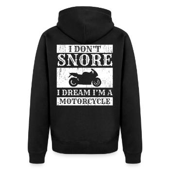 "Ich schnarche nicht, ich träume, ich bin ein - Unisex Premium Bio Zip Hoodie - Schwarz - Hinten - Nico (187cm)