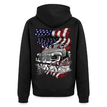 Deeper faster V8 US Pickup Smelled Oil Clean - Unisex Premium Organic Zip Hoodie - black - Back - Nico (187cm)