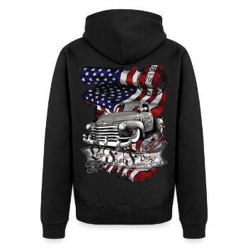 Deep Fast V8 Truck Oil smells Handmade 1949 - Unisex Premium Organic Zip Hoodie - black - Back - Nico (187cm)
