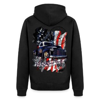 1950 Chev V8 Vintage Pickup Truck Blau Schwarz - Unisex Premium Bio Zip Hoodie - Schwarz - Hinten - Nico (187cm)