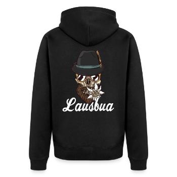 Lausbua Bayern Bua Lederhose Tirol - Unisex Premium Bio Zip Hoodie - Schwarz - Hinten - Nico (187cm)