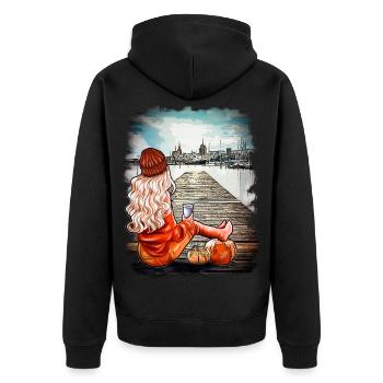 Blondine Skyline Rostock |Bambisart - Unisex Premium Bio Zip Hoodie - Schwarz - Hinten - Nico (187cm)