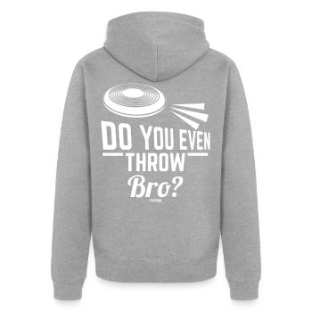 Ultimate Discgolf Frisbee Disc - Unisex Premium Bio Zip Hoodie - Grau meliert - Hinten - Nico (187cm)