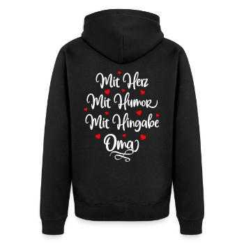 Für die besten Omas - Oma Sprüche - Unisex Premium Bio Zip Hoodie - Schwarz - Hinten - Nico (187cm)
