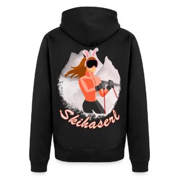 Schihaserl - Skisaison Hase Apres Ski - Unisex Premium Bio Zip Hoodie - Schwarz - Hinten - Nico (187cm)