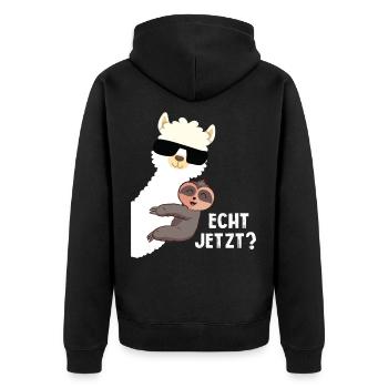 Alpaka Echt Jetzt Motiv - Alpaka Lama Farmer - Unisex Premium Bio Zip Hoodie - Schwarz - Hinten - Nico (187cm)