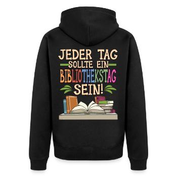 Buch Bibliothek Spruch Lesen Bücherwurm Geschenk - Unisex Premium Bio Zip Hoodie - Schwarz - Hinten - Nico (187cm)
