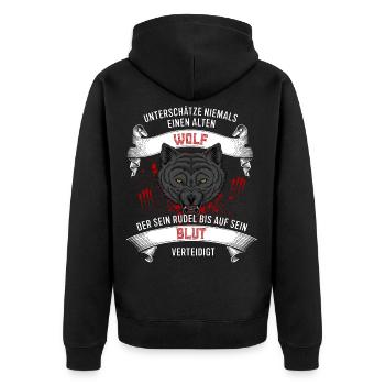 Unterschätze niemals einen Wolf - Germanen - Unisex Premium Bio Zip Hoodie - Schwarz - Hinten - Nico (187cm)