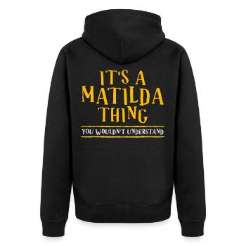 Ergreifen Sie jetzt dieses kühle gelbliche, das - Unisex Premium Bio Zip Hoodie - Schwarz - Hinten - Nico (187cm)