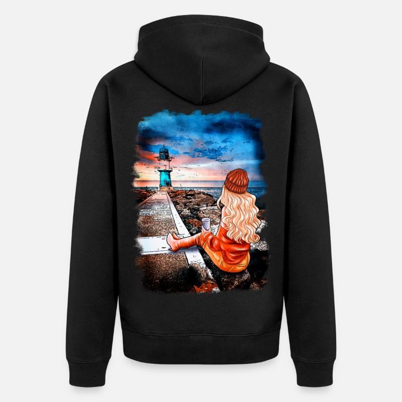Phare Warnemünde Illustration Blonde - Veste à capuche bio Premium Unisexe - noir