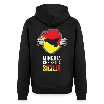 Trinacria Maglietta MINCHIA CHE BELLA Sicilia - Unisex Premium Bio Zip Hoodie - Schwarz - Hinten - Nico (187cm)
