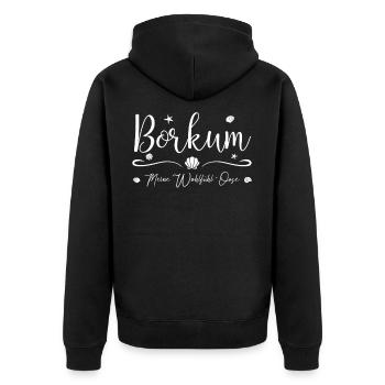 Meine Wohlfühl-Oase - Insel Borkum - Unisex Premium Bio Zip Hoodie - Schwarz - Hinten - Nico (187cm)