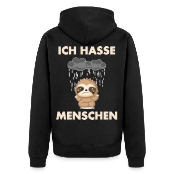 Ich hasse Menschen Faultier - Unisex Premium Bio Zip Hoodie - Schwarz - Hinten - Nico (187cm)
