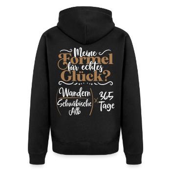 Echtes Glück - Wandern durch die Schwäbische Alb - Unisex Premium Bio Zip Hoodie - Schwarz - Hinten - Nico (187cm)