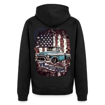 V8 treuer Begleiter LKW Pick-up auf Mauer Fahne - Unisex Premium Bio Zip Hoodie - Schwarz - Hinten - Nico (187cm)