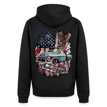 Legendary V8 truck on American flag eagle - Unisex Premium Organic Zip Hoodie - black - Back - Nico (187cm)