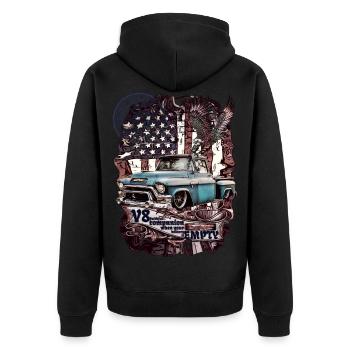 V8 Motor im legendären Pick-up LKW feinster Style - Unisex Premium Bio Zip Hoodie - Schwarz - Hinten - Nico (187cm)