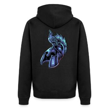Krähe auf Helm eines Spartaner - Unisex Premium Bio Zip Hoodie - Schwarz - Hinten - Nico (187cm)